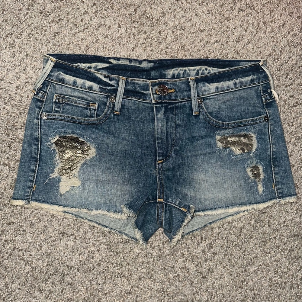 True Religion Joey 5 Pocket Cut Off Denim Jean Shorts with Gold Sequence size 28